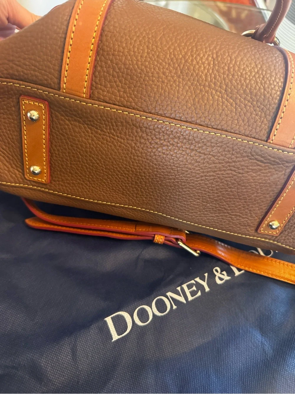 Dooney & Bourke Cognac Brown Pebbled Leather Satchel with Orange Trim